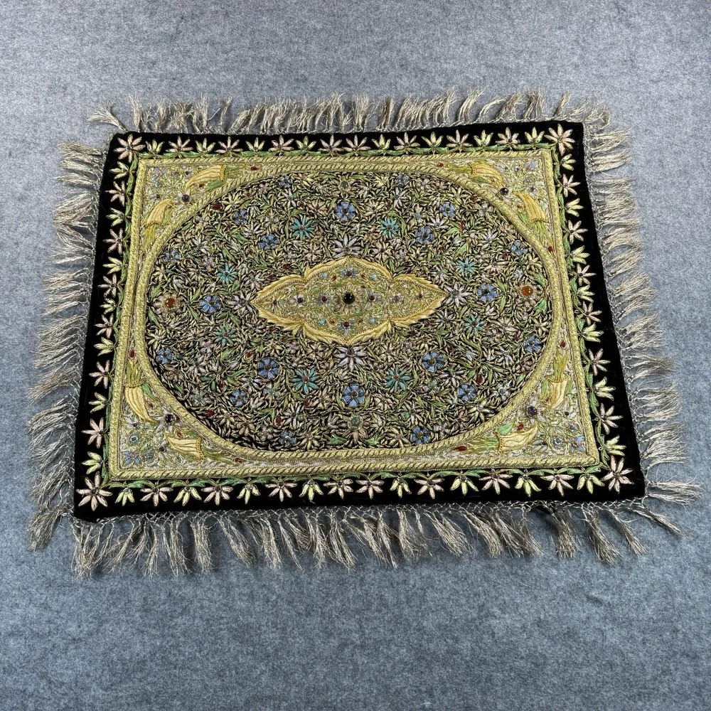Vintage India Embroidered Wall Hanging Tapestry Beaded Ornate Black Gold Velvet